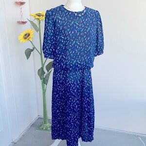Vintage 80s Ditzy Floral Drop Waist Royal Blue and Pink Secretary Midi Dress